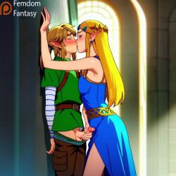 1boy 1boy1girl 1girls against_wall ai_generated blush dominant dominant_female dominant_human domination femdom femdomfantasyai forced kissing link nintendo princess_zelda submissive_male taller_girl zelda_(breath_of_the_wild)