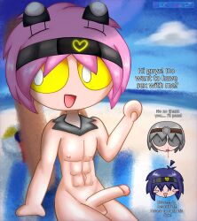 3boys 5506 5507 accessory almost_naked almost_nude anthro anthropomorphic anthropomorphization beach beach_background beach_ball beach_mat beach_towel beach_umbrella beachball blood_in_nose blush dialogue english_text exposed_penis gray_hair grey_eyes grey_hair happy headband headgear headwear heart heart_outline heart_symbol indigo_hair light-skinned_male male male/male male_only miseraquila_(copyright) muscular muscular_male naked nec-12 neckwear nosebleed old_kode open_mouth penis pink_hair purple_hair shocked shocked_expression text train trains unusual_accessory watermark waving yellow_eyes