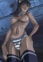 1girls anime_screenshot basement bible_black big_penis breasts brown_hair cameltoe clitoris clothed clothing dark_room female from_below hair_bobbles hair_ornament imari_kurumi indoors light-skinned_female light_skin low-angle_view medium_breasts mostly_nude naughty naughty_face naughty_smile pale_skin panties pantyshot pantyshot_(standing) pinup ponytail presenting_pussy pussy screencap shimapan side_ponytail solo standing stitched striped_panties teenage_female teenager thighhighs topless topless_female underwear upper_body