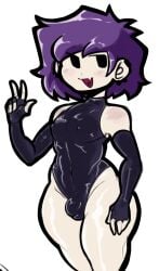 armwear big_penis blush_lines bodysuit bulge bulge_through_clothing femboy just_coffee muscular muscular_male purple_hair