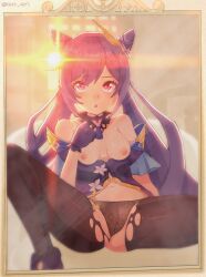 :o absurdres bare_shoulders black_panties black_pantyhose blush breasts breasts_out brown_background choker cone_hair_bun double_bun dress female film_grain flower fray_(fray_arts) frilled_gloves frills genshin_impact gloves hair_bun hair_ears hair_ornament hair_ornament_request heavy_lens_flare highres indoors keqing_(genshin_impact) lens_flare long_hair looking_at_mirror looking_at_viewer medium_breasts mirror nipples open_mouth panties pantyhose purple_dress purple_eyes purple_gloves purple_hair pussy see-through_underwear short_dress sitting solo torn_clothes torn_pantyhose twintails twitter_username underwear white_flower