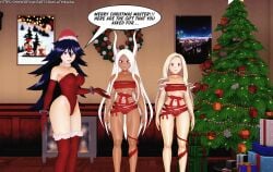 3d 3girls artist_name black_hair boku_no_hero_academia christmas_tree dark_skin dark_skinned_female elbow_gloves english_text gift_wrapped gloves highleg_leotard latinkaixa leotard midnight_(my_hero_academia) miruko mount_lady multiple_girls my_hero_academia nemuri_kayama red_gloves red_leotard rumi_usagiyama speech_bubble web_address white-hair yu_takeyama