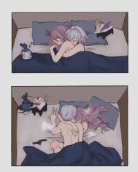 2girls a_ai_ri bed bedroom_eyes blue_hair blue_hair_female cuddling female female/female female_only head_on_back head_on_pillow head_on_shoulder honkai:_star_rail jade_(honkai:_star_rail) lesbian_couple lesbian_sex lying lying_down lying_on_back lying_on_bed lying_on_side numby_(honkai:_star_rail) pillow purple_hair purple_hair_female sleeping spoon_position spooning tagme topaz_(honkai:_star_rail) yuri