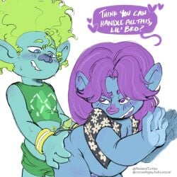 anthro belly bent_over bite biting_lip biting_own_lip blush bodily_fluids bottomwear bottomwear_down brother_(lore) brothers_(lore) bruce_(trolls) clay_(trolls) clothed clothing dialogue digital_media_(artwork) dreamworks duo english_text erection femboy genital_fluids genitals hair half-closed_eyes hi_res humanoid humanoid_pointy_ears imminent_sex incest_(lore) jacket leaking_precum looking_back male male/male narrowed_eyes not_furry open_clothing open_jacket open_topwear partially_clothed penis pointy_ears precum precum_string relatedturtles self_bite shirt shorts shorts_down sibling_(lore) simple_background slightly_chubby slightly_chubby_anthro smile speech_bubble standing tank_top teeth text topwear troll_(mythology) trolls_(dreamworks)