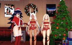 3d 3girls animal_ears artist_name black_hair boku_no_hero_academia bunny_ears christmas_tree dark_skin dark_skinned_female elbow_gloves gift_wrapped gloves highleg_leotard latinkaixa leotard midnight_(my_hero_academia) miruko mount_lady multiple_girls my_hero_academia nemuri_kayama red_gloves red_leotard red_thighhighs rumi_usagiyama thighhighs web_address white_hair yuu_takeyama