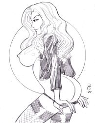 1girls areola ass black_and_white black_canary breasts dat_ass dc dinah_lance fishnet_stockings green_arrow_(series) michael_powell nipples panty_pull sketch