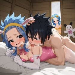 1boy 1girls ai_generated black_hair blue_hair bunnysuit couple fairy_tail gray_fullbuster levy_mcgarden