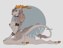 accessories_only adalfyre anthro antlers asian_mythology biped breasts cervine_nose chinese_mythology collar deer_nose dragon ear_piercing ear_ring east_asian_mythology female fur gold_(metal) gold_antlers gold_hooves hooves horn kirin looking_at_viewer mane mythological_creature mythological_scalie mythology nipples nude pastel_colors pastel_theme piercing pink_hair raised_tail ring_piercing scales scalie simple_background solo tail tail_mane tail_tuft tuft yellow_eyes