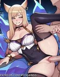 2d ahri ai_generated animal_ear_fluff animal_ears big_breasts big_cock blonde_hair blue_eyes female fox_ears fox_girl fucking k/da_ahri k/da_all_out_series k/da_series league_of_legends leg_grab leg_up looking_at_another pussy riot_games ryogangg seductive seductive_look sex sexually_suggestive