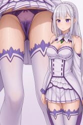 1girl ai_generated elf elf_ears elf_female emilia_(re:zero) female female_focus female_only long_hair mtu_virus multiple_views panties pantyshot purple_eyes purple_panties pussy_juice re:zero_kara_hajimeru_isekai_seikatsu silver_hair stockings wet_panties wet_pussy white_dress zelanell