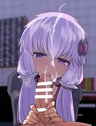 bar_censor blurry blurry_background blush censored cum cum_on_hair depth_of_field facial fellatio female hair_ornament highres long_hair male_pubic_hair oral penis pubic_hair purple_eyes purple_hair sumiyao_(amam) twintails vocaloid voiceroid yuzuki_yukari