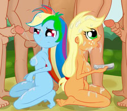 2010s 2013 2girls 5boys after_oral applejack_(mlp) barefoot blonde_hair blue_skin breasts bukkake cum cum_in_hair cum_on_breasts cum_on_face cum_on_hair cum_on_legs cum_on_tongue cumming disgust disgusted ejaculation equestria_girls facial female freckles freckles_on_face friendship_is_magic green_eyes heroines human humanized light-skinned_male light_skin long_hair long_hair_female male metahumans moderate_tomboy multicolored_hair multiple_penises my_little_pony nude_female nude_male ohohokapi on_knees oral oral_sex orange_skin outdoors penis pink_eyes rainbow_dash_(mlp) rainbow_hair semen straight straight_hair strong_tomboy_(spectrum) teenage_girls teenager teenagers tomboy trees western_art western_cartoon