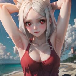 1girls ai_generated armpits arms_up beach big_breasts breasts cerberus_(helltaker) cleavage clothing demon demon_girl dog_ears dog_girl female female_only helltaker long_hair outdoors red_eyes solo standing tank_top white_hair