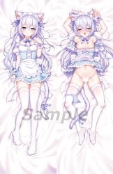 animal_ears blue_dress blue_eyes blush breasts breasts_out cat_ears cat_girl cat_tail censored dakimakura_(medium) dakimakura_(object) dress female full_body heart heart_censor highres long_hair lying multiple_views navel nipples official_art on_back original pillow purple_hair saliva sample_watermark sekisei_(superego51) small_breasts tail tongue tongue_out watermark