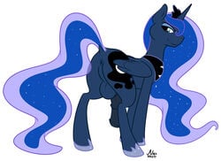 alicorn all_fours anus blue_eyes blue_hair closed_mouth color friendship_is_magic hair hooves horn looking_at_viewer looking_back male male_only my_little_pony noxheart nude open_eyes penis pony prince_artemis_(mlp) princess_luna_(mlp) rule_63 smile solo tail testicles white_background wings