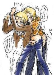 2boys alfred_jones america_(hetalia) anal anal_sex axis_powers_hetalia blonde_hair brothers canada_(hetalia) clothed clothed_sex crying duo gay gay_sex incest japanese_text male male_only matthew_williams pants_down tagme tears