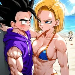 ai_generated android_18 beach bikini black_hair blonde_hair blue_eyes couple dragon_ball dragon_ball_super dragon_ball_z ntr son_gohan toned_female