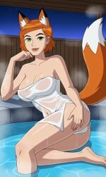 ai_generated ben_10 ben_10_ultimate_alien bigmic145 breasts cleavage female female_focus female_only fox_ears fox_girl fox_tail ginger ginger_hair gwen_tennyson gwen_tennyson_(alien_force) gwen_tennyson_(ultimate_alien) medium_breasts naked_towel orange_hair sauna see-through short_hair towel wet