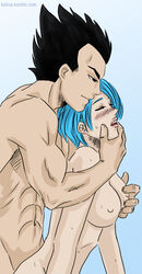 black_hair bulma_briefs color cyan_hair dragon_ball dragon_ball_z female hair human interspecies kalcia male nude side_view standing_sex straight vegeta