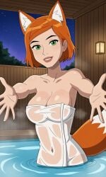 ai_generated ben_10 ben_10_ultimate_alien bigmic145 breasts cleavage female female_focus female_only fox_ears fox_girl fox_tail ginger ginger_hair gwen_tennyson gwen_tennyson_(alien_force) gwen_tennyson_(ultimate_alien) medium_breasts naked_towel orange_hair sauna see-through short_hair towel wet