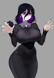 bangs black_dress black_hair black_nails blush breasts clothing corset covered_navel cowboy_shot dress earrings female female_only grey_background hair_between_eyes hands_up hex_maniac hex_maniac_(z-a) huge_breasts jewelry large_breasts long_dress long_hair long_sleeves looking_at_viewer multicolored_hair nail_polish nintendo open_hands original parted_lips pokemon pokemon_legends:_z-a purple_eyes purple_hair ribbon shaardy simple_background smile solo standing thick_thighs thighs two-tone_hair wide_hips