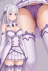 1girl ai_generated elf elf_ears elf_female emilia_(re:zero) female female_focus female_only long_hair mtu_virus multiple_views panties pantyshot purple_eyes purple_panties pussy_juice re:zero_kara_hajimeru_isekai_seikatsu silver_hair stockings wet_panties wet_pussy white_dress zelanell