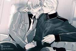 2boys axis_powers_hetalia breast_pocket cigarette closed_mouth collared_shirt commentary couch elbow_rest english_commentary erection eye_contact germany_(hetalia) greyscale hair_behind_ear hand_on_another's_shoulder handjob highres holding holding_cigarette lapels long_sleeves looking_at_another male_focus monochrome motion_lines multiple_boys necktie northern_italy_(hetalia) notched_lapels open_mouth penis pocket riffraffhellyea shirt short_hair sideburns sitting sleeve_cuffs smoke smoke_trail twitter_username veins veiny_hands wing_collar yaoi