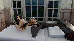 ass bed bedroom black_hair black_lipstick black_socks cigar copyright doggy_style female fortnite gold_(metal) golden_eyes gun lingerie looking_at_viewer looking_back mansion marigold_(fortnite) milf nude one_eye_visible pale_skin partially_clothed posing scar_across_eye seductive seductive_pose short_hair smoking socks solo_female thigh_socks thighhighs