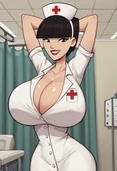 1girls ai_generated big_breasts breasts breasts cleavage detentionaire female female female_focus female_only hands_behind_head hospital huge_breasts large_breasts looking_at_viewer nurse nurse_cap nurse_clothing nurse_hat nurse_headwear nurse_outfit nurse_uniform posing posing_for_the_viewer short_hair smile solo solo_female solo_focus standing tina_kwee