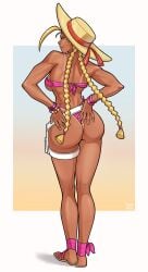 1girls artist_name ass belt bikini bikini_bottom bikini_top blonde_hair blue_eyes bracelet breasts cammy_white capcom gradient_background hands_on_ass looking_at_viewer looking_back pink_bikini rear_view sandals sideboob solo_female straw_hat street_fighter street_fighter_6 tan_body tan_skin tanline thigh_strap twin_braids twintails white_background yellow_nicky_(artist)