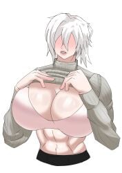 abs barthone bra faust_(limbus_company) fit_female huge_breasts large_breasts limbus_company muscular_female pink_bra project_moon shiny_breasts shirt_lift sweater turtleneck turtleneck_sweater white_hair