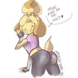 animal_crossing anthro ass canine censored dog english_text female furry isabelle_(animal_crossing) muttgirl nintendo safe solo sport text year_request