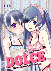 2girls beige_skin black_butler blue_eyes breasts ciel_phantomhive closed_mouth clothes color ear_piercing female female_only hair heterochromia human long_hair looking_at_viewer multiple_females multiple_girls piercing purple_eyes round_ears rule_63 small_breasts smile tied_hair twintails