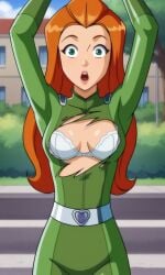 ai_generated ass bigmic145 bodysuit bra breasts exposed_breasts female medium_breasts orange_hair ripped_clothing sam_(totally_spies) solo_female totally_spies wardrobe_malfunction