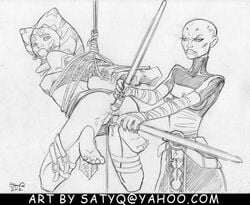 2012 ahsoka_tano asajj_ventress ball_gag bondage clone_wars dathomiri feet female gag interspecies lightsaber monochrome multiple_girls pussy satyq sex star_wars tagme togruta yuri