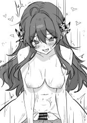 1boy absurdres ahoge barefoot breasts cowgirl_position cowgirl_position feather_hair female greyscale hair_between_eyes heart helga_(_hlg67) highres indie_virtual_youtuber kumi_(vtuber) large_breasts long_hair monochrome nipples open_mouth penis pointy_ears pov second-party_source sex simple_background smile solo_focus straddling straight vaginal_penetration virtual_youtuber white_background