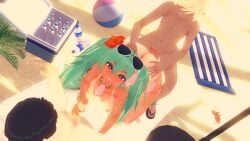 beach big_ass big_breasts blue_hair brazilian_miku brown_skin condom doggy_style double_penetration glasses hatsune_miku heart-shaped_pupils jerking koikatsu krackdraw sex sunglasses sweat tanline twintails used_condom vocaloid