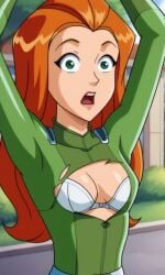 ai_generated ass bigmic145 bodysuit bra breasts exposed_breasts female medium_breasts orange_hair ripped_clothing sam_(totally_spies) solo_female totally_spies wardrobe_malfunction