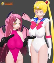 2girls 3d artist_logo artist_name bishoujo_senshi_sailor_moon blonde_hair cg demon_girl female_only head_wings hypnosis large_breasts latinkaixa leotard mind_control pink_hair pink_leotard sailor_moon usagi_tsukino white_leotard wings