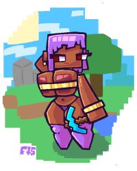 big_areola big_breasts cubic_breasts dark-skinned_female dark_skin efe_(minecraft) filthyskull gold_bikini gold_bracelet gold_earrings minecraft purple_hair tagme visible_areolae voluptuous