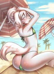 albino anthro ass beach blush canid canine clothing digital_media_(artwork) dog_tags felid feline femboy gynomorph intersex invalid_tag male mammal pinup pose rogbiejoke solo summer swimwear wet