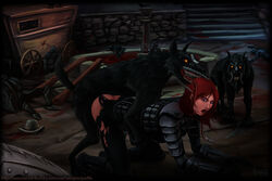 1girls all_fours armor bestiality black_fur blood crimson_hair dark_fur defeat_sex defeated defeated_heroine demon's_souls dog doggy_style doggystyle female feral_on_female feral_on_human feral_penetrating fromsoftware glowing_eyes minyerva muzzle_(object) open_mouth outdoors red_hair redhead shocked_expression torn_clothes torn_pants vempire wolf zoophilia