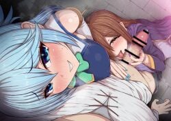 1boy 2girls aqua_(konosuba) blue_eyes blue_hair blush brown_hair censored goddess handjob kono_subarashii_sekai_ni_shukufuku_wo! long_hair looking_at_viewer milf open_mouth ponpo ponytail purple_nails satou_kazuma tongue tongue_out wiz_(konosuba) yellow_eyes