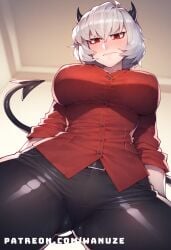 ai_generated big_ass big_breasts big_butt big_thighs black_pants blush demon demon_girl demon_horns demon_tail helltaker huge_ass huge_breasts huge_butt huge_thighs kneeling malina_(helltaker) red_eyes red_shirt wanuze white_hair wide_hips