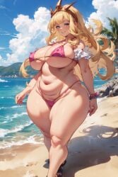 ai_generated alternate_body_type bbw beach big_breasts big_breasts bikini blonde_hair bottom_heavy cagliostro_(granblue_fantasy) curly_hair curvaceous curvy fringe granblue_fantasy granblue_fantasy_versus headband huge_hips long_hair pink_bikini pink_swimsuit shortstack skimpy_clothes smiling smug smug_face smug_grin standing swimsuit thick_thighs voluptuous wide_hips