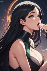 ai_generated black_hair blowjob green_eyes hela marvel tongue tongue_out