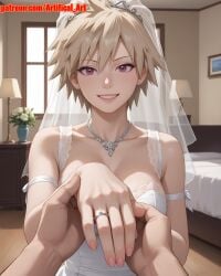 1girls ai_generated artifical_art big_breasts blonde_female blonde_hair bride curvy_figure light-skinned_female light_skin mature_female mature_woman milf mitsuki_bakugou mommy mother my_hero_academia natural_breasts red_eyes seductive short_hair voluptuous_female