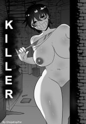 2d 2d_(artwork) alleyway areolae ass big_ass big_breasts black_eyes black_hair blush breasts chopshoppar chubby chubby_female crazy_eyes detailed_background earrings female female_only holding_object holding_weapon knife monochrome nipples no_clothes nude par_(chopshoppar) pussy short_hair smiling smiling_at_viewer teeth teeth_showing thick_thighs thighs trash watermark