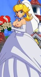 blonde_hair blue_eyes bouquet breasts earrings elbow_gloves gloves mario_(series) nintendo piranha_plant piranha_plant_bouquet princess_peach super_mario_odyssey wedding_dress wedding_peach_(super_mario_odyssey) wedding_veil