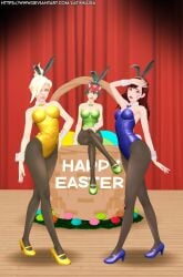 3d 3girls blonde_hair blue_leotard brown_hair bunnyears bunnysuit d.va english_text green_leotard kiriko_(overwatch) latinkaixa leotard mercy overwatch overwatch_2 playboy_bunny web_address yellow_leotard